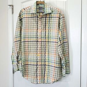Thomas Dean Size L Button Down Cotton Checked Shirt, with Paisley Trim